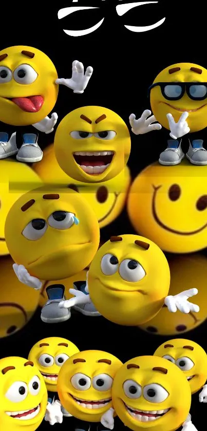 3D emoji wallpaper with expressive smiley faces on a black background.