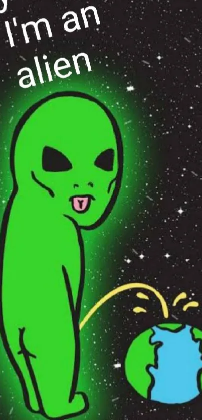 Quirky alien with Earth on a starry background, mobile wallpaper.