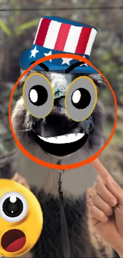 Funny alpaca with cartoon face and hat, featuring playful design elements.