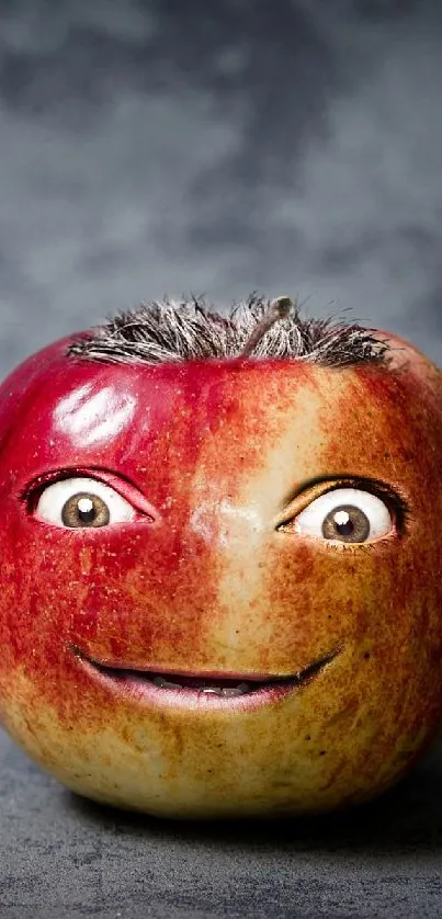 An apple with a funny face on a textured gray background.