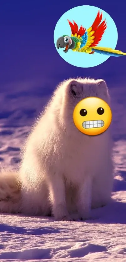 Whimsical arctic fox with emojis on snowy backdrop.