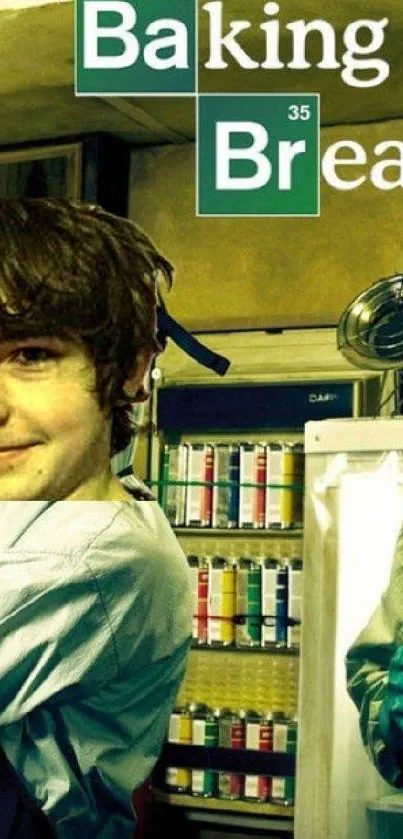 Comedic parody wallpaper featuring baking humor and bright colors.