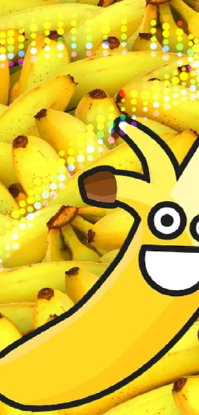 Animated banana on a pile of ripe bananas.