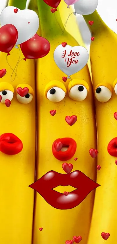 Humorous banana wallpaper with hearts and googly eyes.