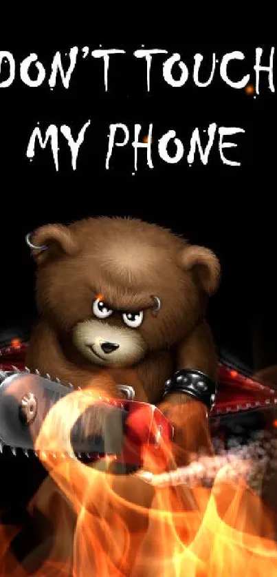 Angry bear with chainsaw and warning text on black background.