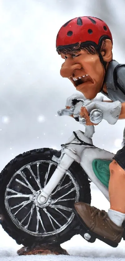 Humorous bike figurine on a snowy path.