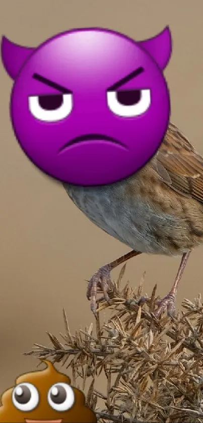 Humorous wallpaper featuring a bird with emoji overlays on branches.