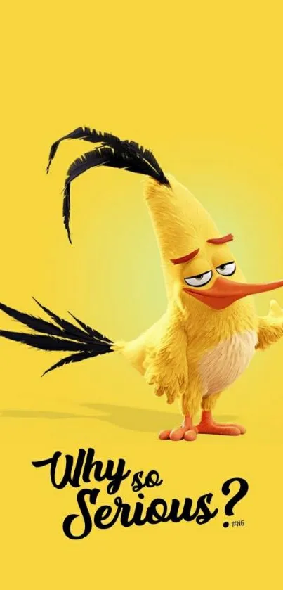 Funny yellow bird with 'Why so serious?' text on a mobile wallpaper.