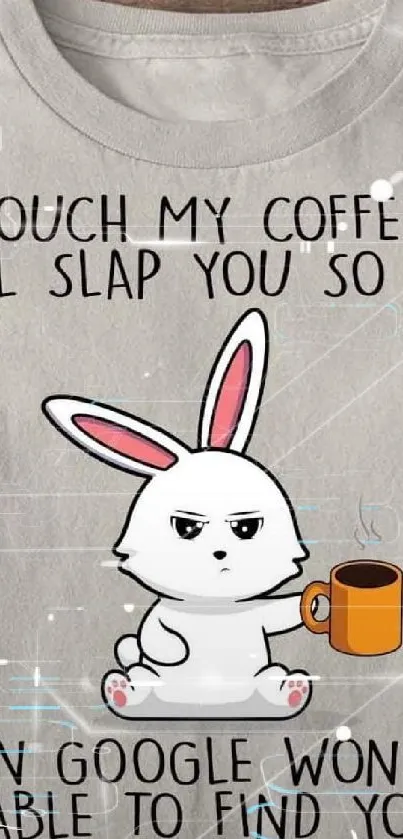 Cartoon bunny drinks coffee with a humorous message on a t-shirt.