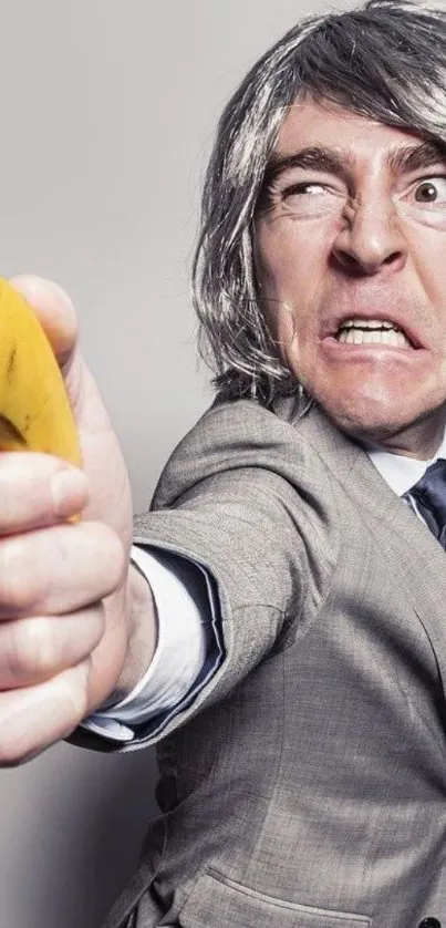 Man in business suit brandishing a banana.