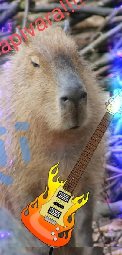 Capybara with guitar in nature, humorous mobile wallpaper.