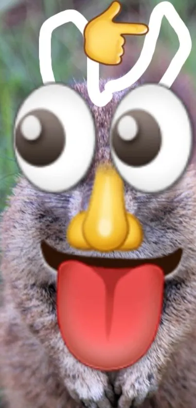 Funny cartoon animal with emoji face on a brown fur background.