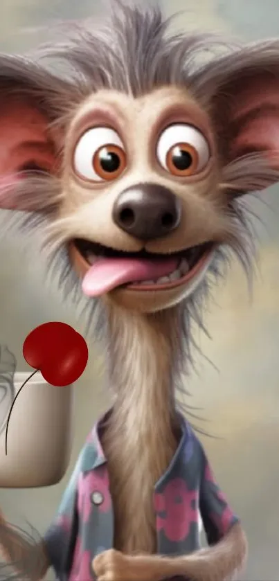 A quirky cartoon character with big eyes and a playful expression holding a mug.