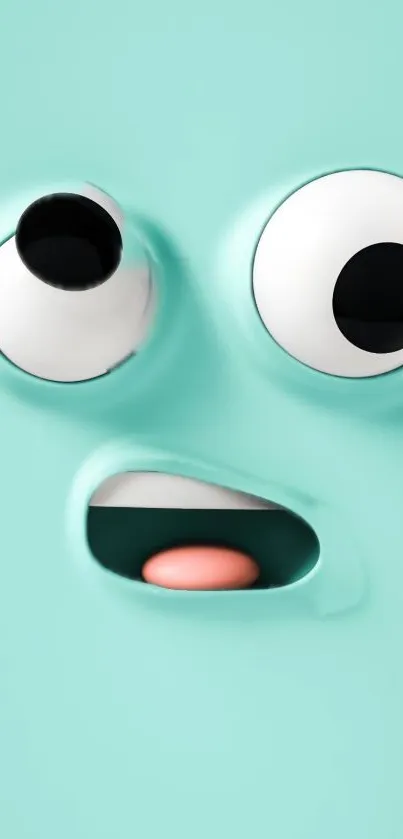 A quirky cartoon face on an aqua background with expressive eyes.