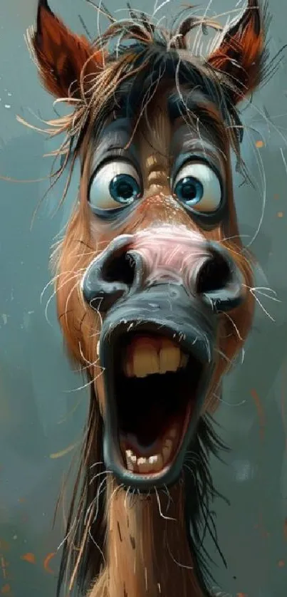 Humorous cartoon horse with expressive face.