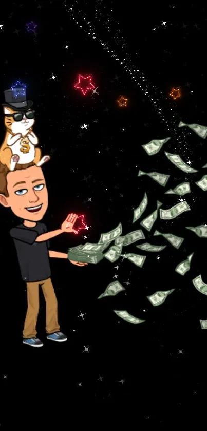 Cartoon character and cat throwing money animation.