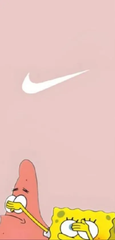 Cartoon characters under a Nike logo on pink background.