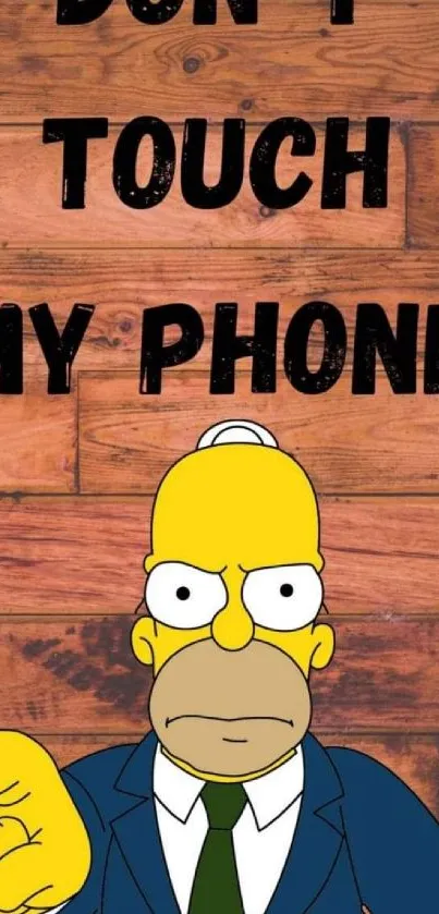 Cartoon character on a wooden background with a phone warning message.