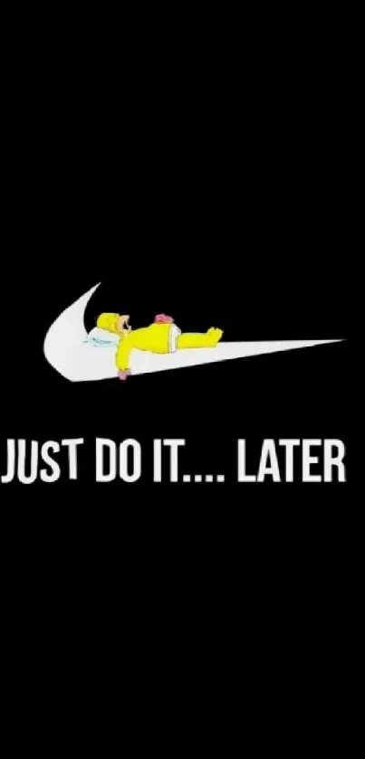 Cartoon character on Nike logo with 'Just Do It Later' text.