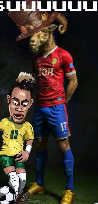 Cartoon soccer wallpaper with goat-headed player in a hat and caricatured player dribbling.