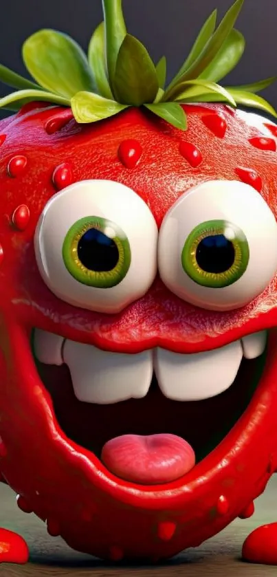 Funny cartoon strawberry with big eyes and a playful smile.