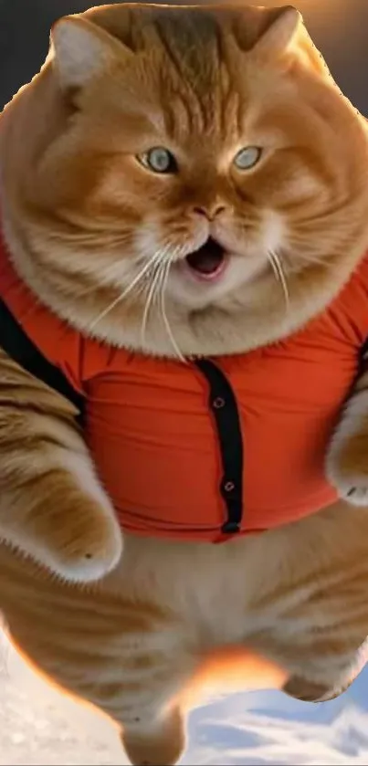 Chubby ginger cat in an orange vest against a sky backdrop.