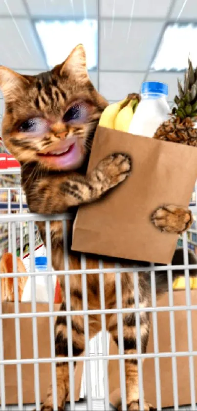 Cat with human face shopping with grocery cart.