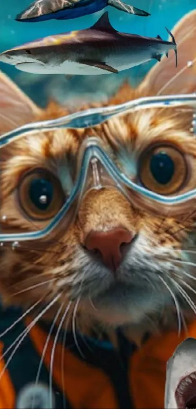Funny cat in goggles swimming with sharks underwater.