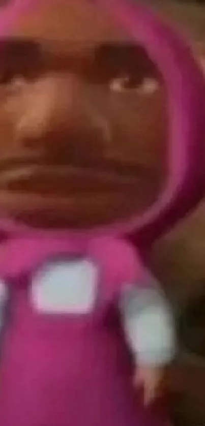 Cartoon character with humorous face in pink outfit, word 'ok' beside it.