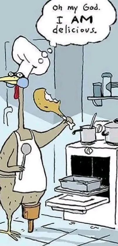 A cartoon bird chef humorously cooking in a kitchen.