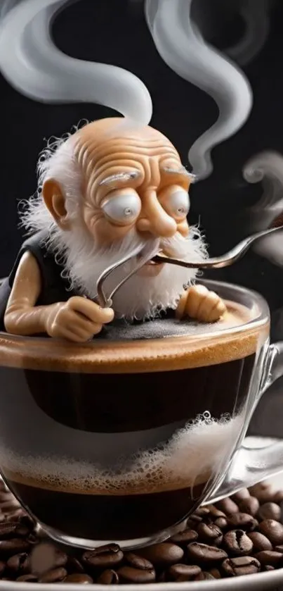 Cartoon old man in steaming coffee cup.