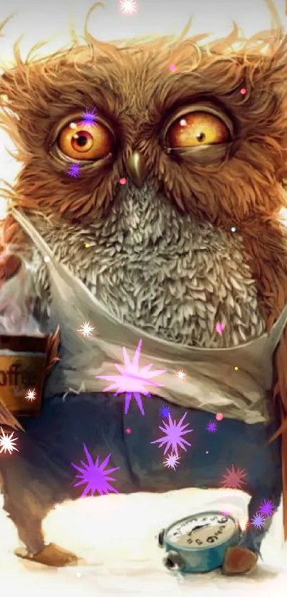 Humorous owl holding coffee cup artwork.