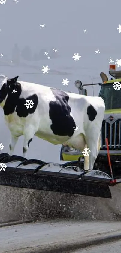 Humorous wallpaper of a cow on a snowplow in winter.