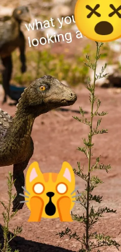 Funny dinosaur image with emojis overlay on a natural background.