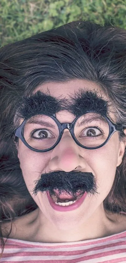 Woman wearing a funny disguise with fake glasses and mustache.