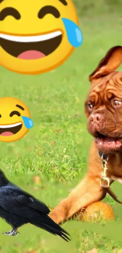 Funny wallpaper with dog, crow, and emojis.