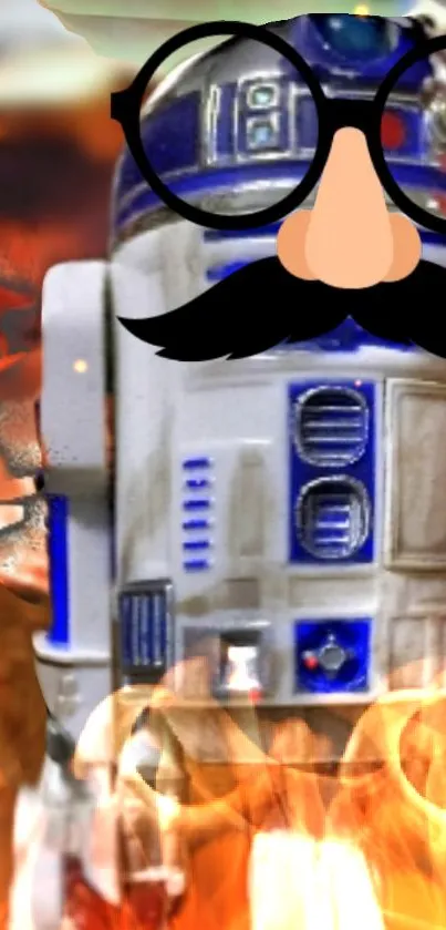 Funny droid with glasses and mustache amidst flames.