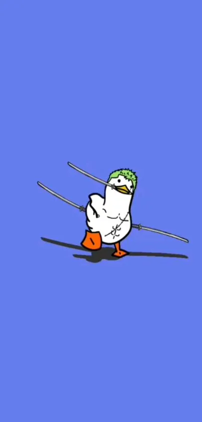 Quirky samurai duck on a blue background with swords.