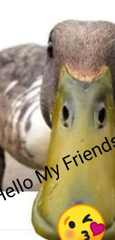 Funny duck with text 'Hello My Friends' and emoji.