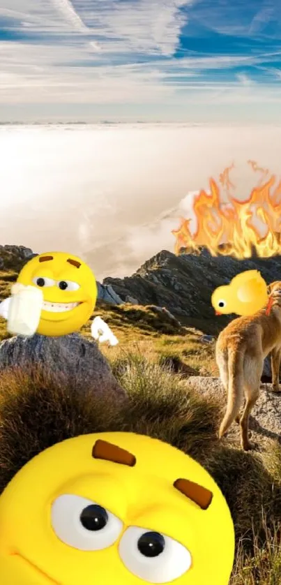 Emoji and dog in a vibrant, scenic landscape with a humorous touch.