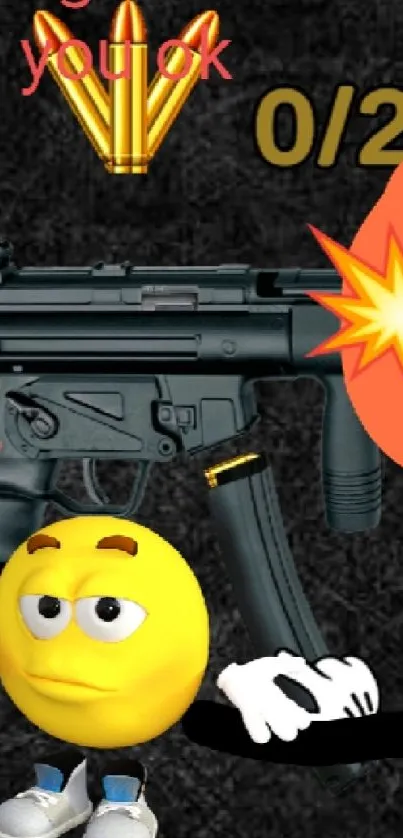 Humorous emoji holding a gun against a dark background.