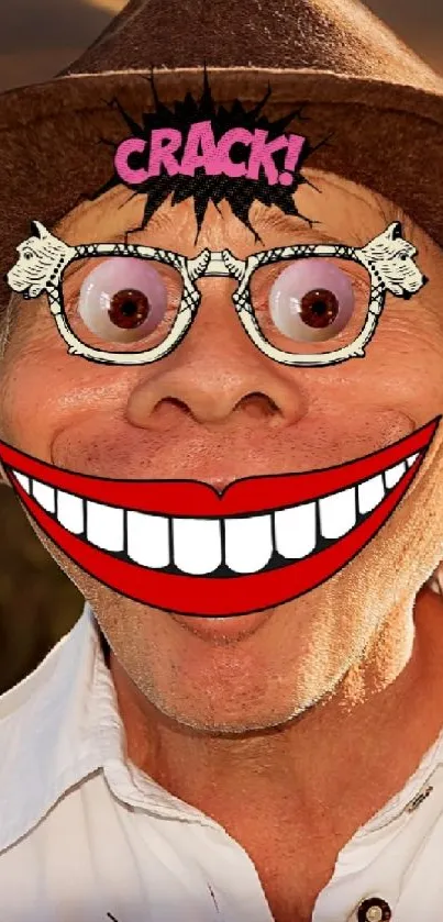 Cartoon face with big smile set against a sunset background.