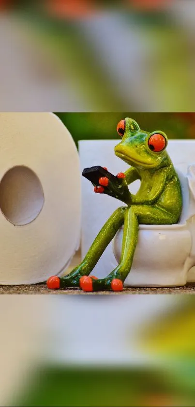 Quirky image of a frog on a toilet with a phone and paper roll.