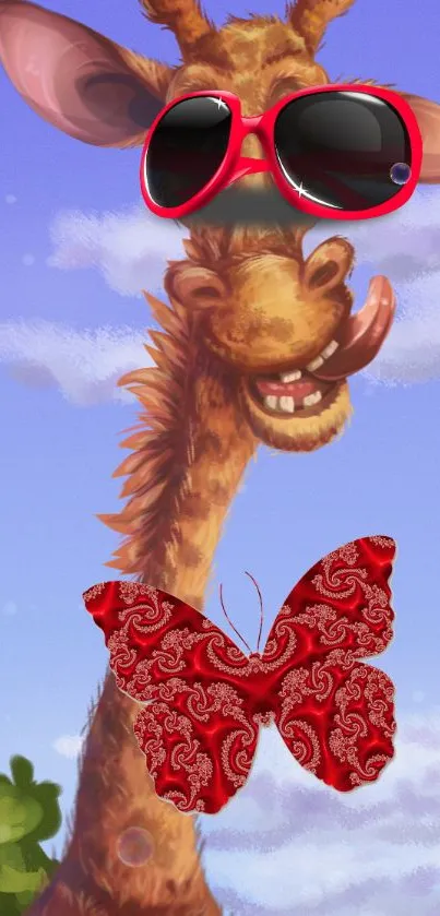 Cartoon giraffe with sunglasses and red butterfly in a playful scene.