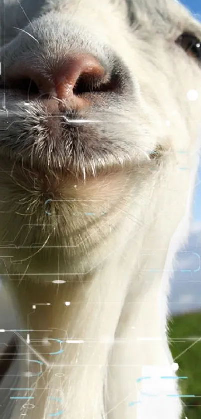 Humorous goat close-up from Goat Simulator against a blue sky.