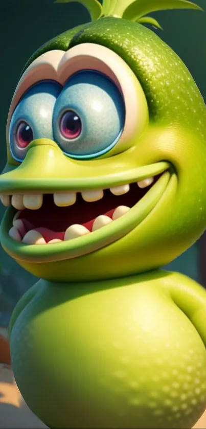 Colorful green animated creature in a playful cartoon style.