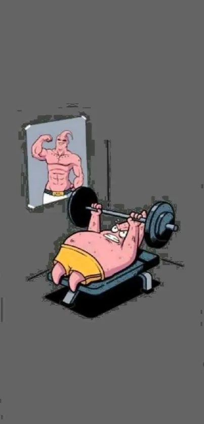 Cartoon character lifting weights in gym, mobile wallpaper.