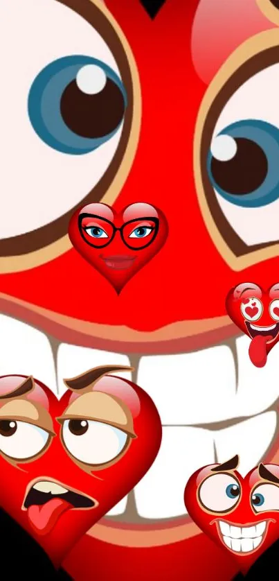 Vibrant cartoon heart faces on red wallpaper background.