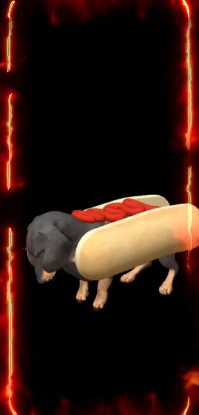 Dog dressed as a hot dog with fiery frame on phone wallpaper.