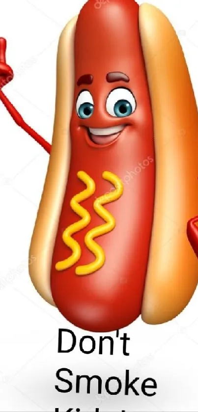 Funny cartoon hotdog discouraging smoking in a playful design.